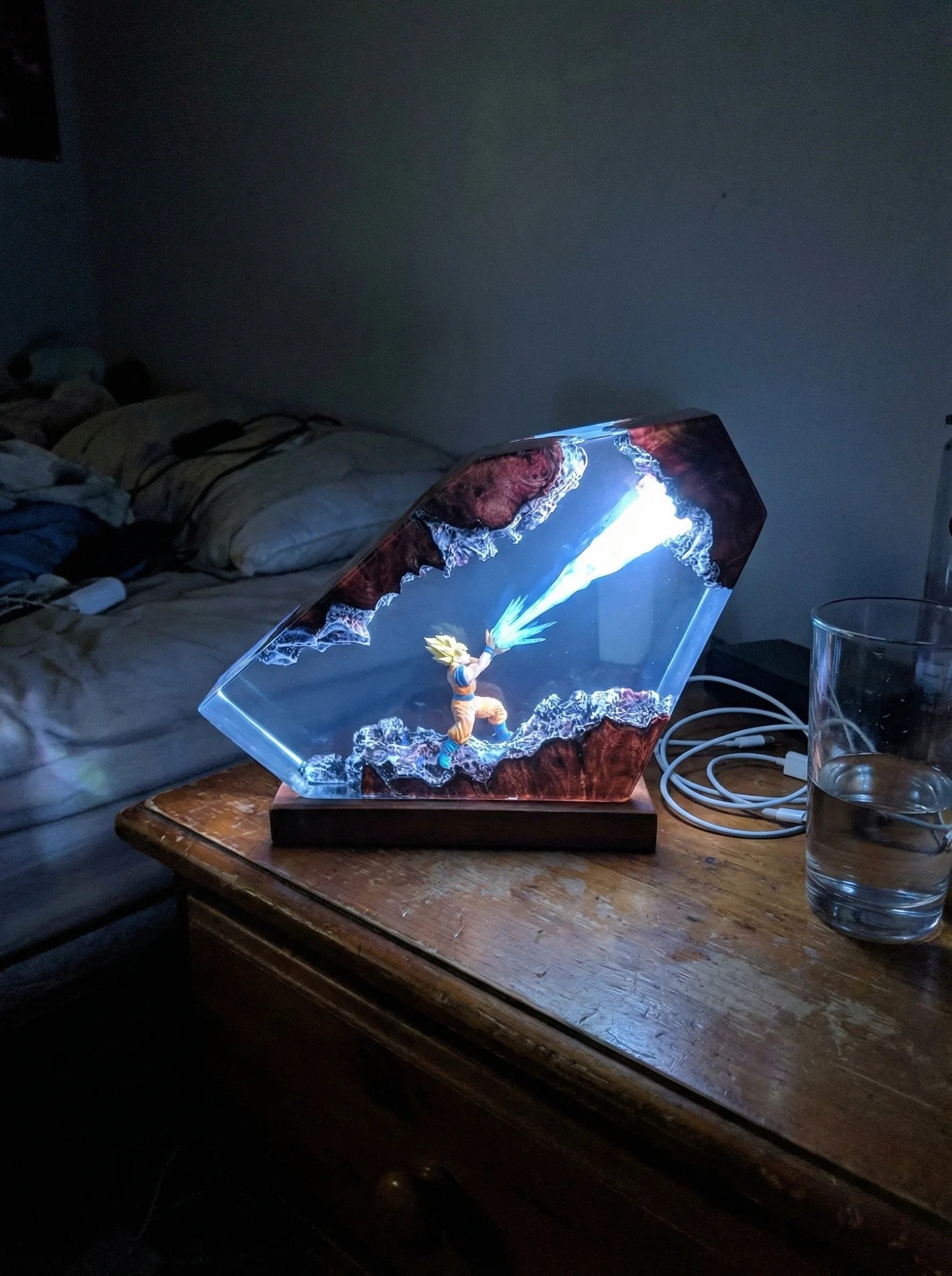 Anime resin lamp glowing at night